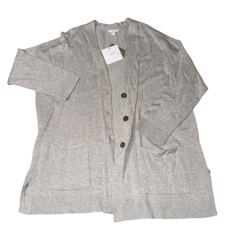 J. Jill Cardigan Sweater Grey Heather Button Front Pocket V-Neck Petite XL NWT